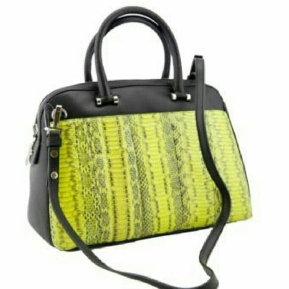 NWT Milly Mercer Key Lime Snakeskin Black Nappa Leather Python Satchel Napa